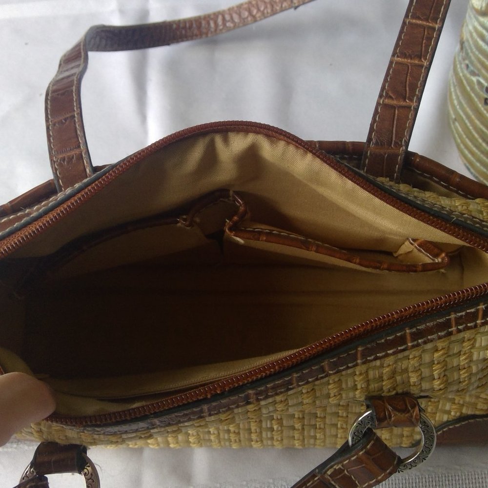 Satchel Purse, Brown Croc Leather & Raffia - Picture 5 of 5